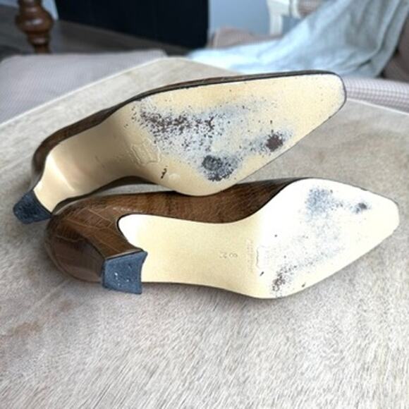 Margaret Jerrold Croc Embossed Leather Pumps Brown Square Toe Heels Size 8 - Picture 5 of 11